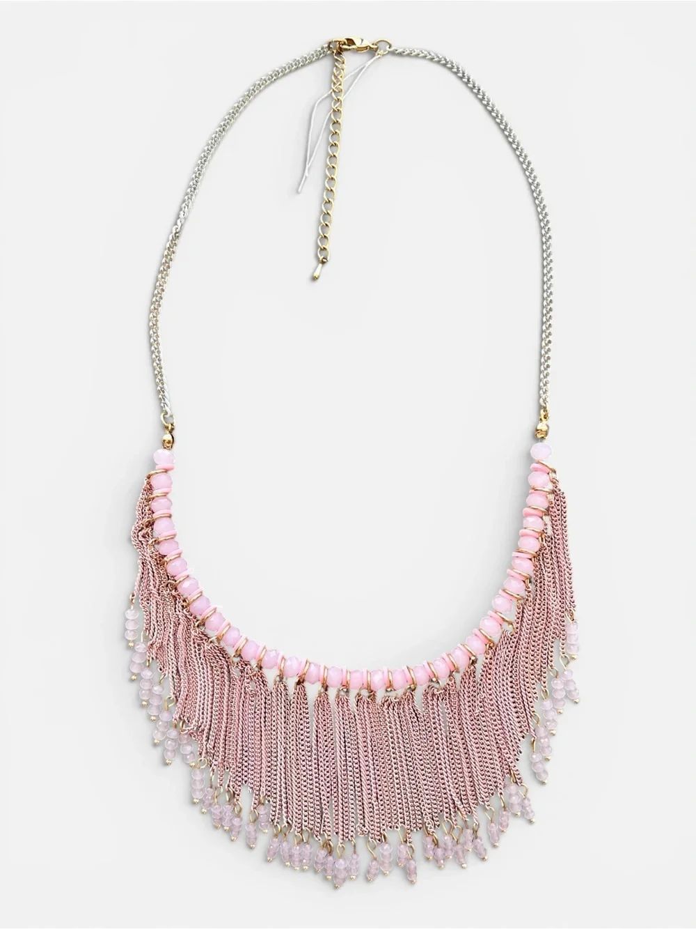 Super Cute Pink Beaded Fringe White Chain Statement Necklace